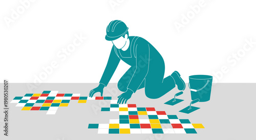 Man laying mosaic tiles floor.