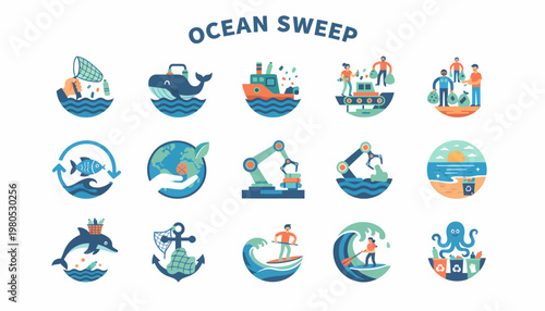 Ocean Sweep Icons: Marine Conservation & Sustainability Set