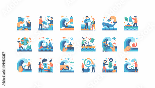 Ocean Pollution Icons Set: Saving Planet Earth