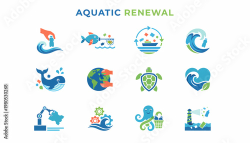 Ocean Renewal Icons: Eco-friendly Marine Life & Planet Care
