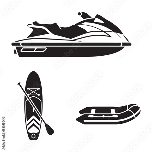 Water vehicle icons with jet ski paddleboard and dinghy