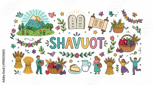 Shavuot Holiday Celebration - Torah, Wheat, Fruits, Dairy