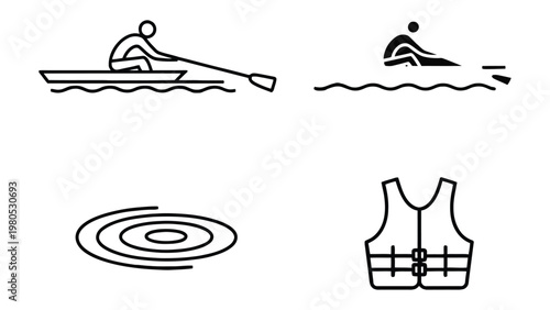 Rowing and Water Sports Icons: A collection of minimalist line icons representing water sports activities, including rowing, waterskiing, ripples, and a life vest, suitable for design concepts.