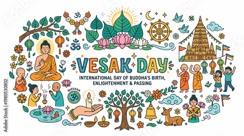 Vesak Day Celebration Illustration: Buddha, Monks, Symbols, Lights