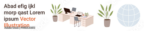 Office setup, remote work, business productivity, interior design, workplace organization, global connectivity. Two desks with computers and plants. Office setup and remote work concepts