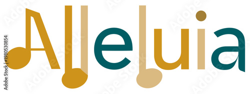Alleluia" text with musical notes in gold and teal