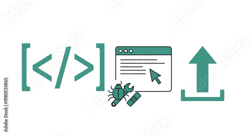 Software development, bug fixing, and upload icon set on white background
