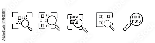 QR code and digital data scanning web line icons set featuring barcode search magnifying glass binary code analysis identification and more Vector Illustration with editable stroke