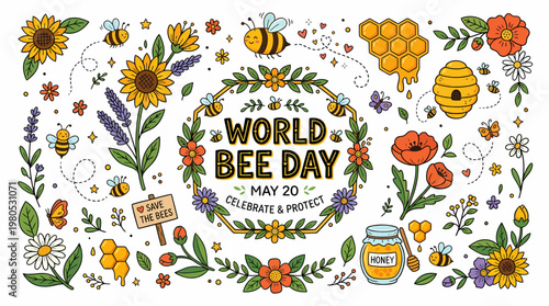 World Bee Day Illustration: Bees, Flowers, Honeycomb, Save Bees