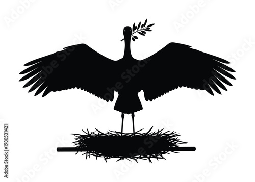 Silhouette vector of a bird standing on a branch with outstretched wings and an olive branch in its beak