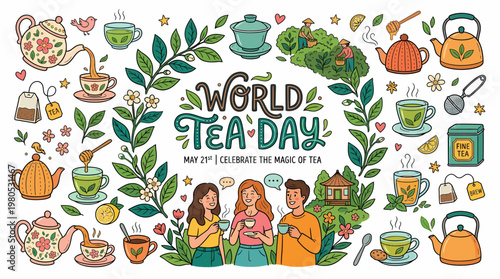 World Tea Day Celebration Banner with People and Tea Elements