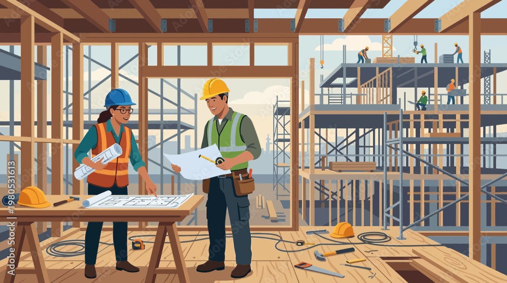 Fototapeta premium Construction Team Reviewing Architectural Plans on Building Site