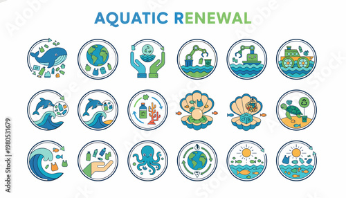 Aquatic Renewal: Marine Conservation, Ocean Protection, Sustainability Icons