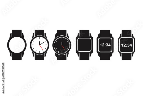 Smartwatch And Wristwatch Black Silhouette Icon Set Vector Illustration