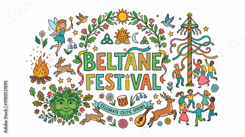 Beltane Festival Celebration with Maypole and Dancing Figures