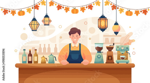Barista standing behind counter in cozy autumn cafe illustration