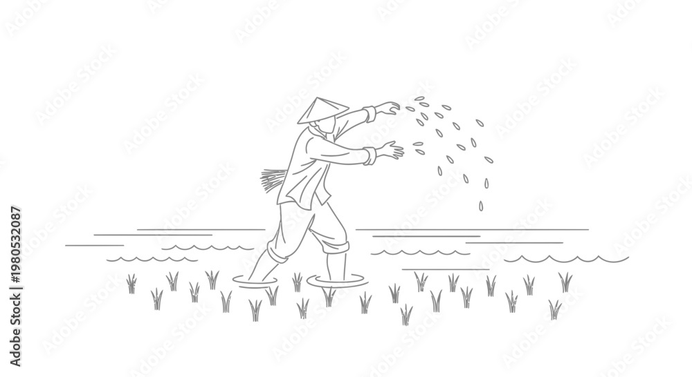 Naklejka premium Traditional Rice Farmer Sowing Seeds in a Paddy Field Illustration Vector Design Element