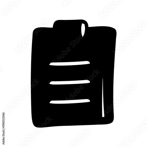 Black and white doodle of a clipboard with paper notes