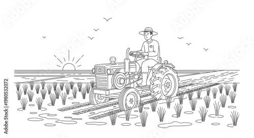 Agricultural Farmer Driving Tractor in Rice Paddy Field Line Art Vector Illustration