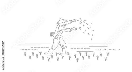Traditional Rice Farmer Sowing Seeds in a Paddy Field Illustration Vector Design Element