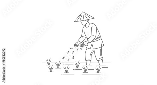 Asian Farmer with Conical Hat Planting Rice Seeds Line Art Illustration Vector Graphic