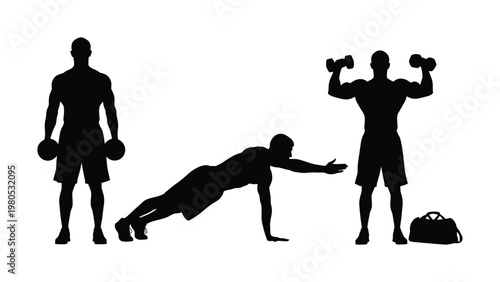 Vector of three men engaged in various gym exercises including weights and push-ups