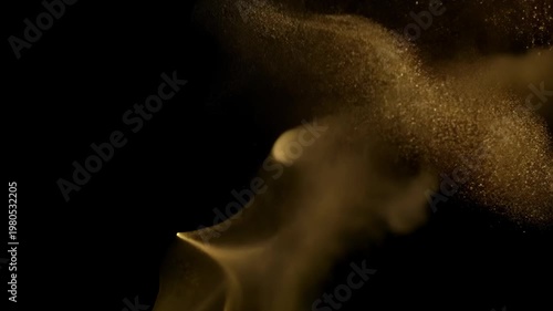 Abstract dynamic cloud of dust particles dispersing against black background in explosion