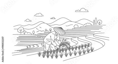 Traditional Asian Farmer Working in Rural Rice Terraces Landscape Line Art Illustration Vector Design