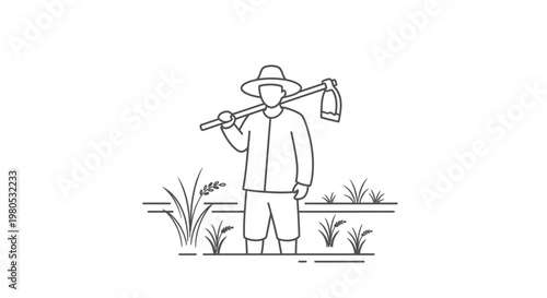 Farmer in Rice Field Holding a Hoe Line Art Illustration Vector Design Element
