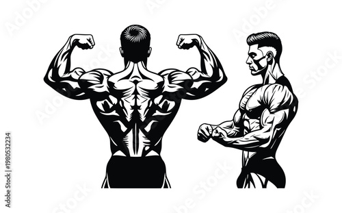 Vector of two muscular men flexing their arms to show off their well-defined muscles