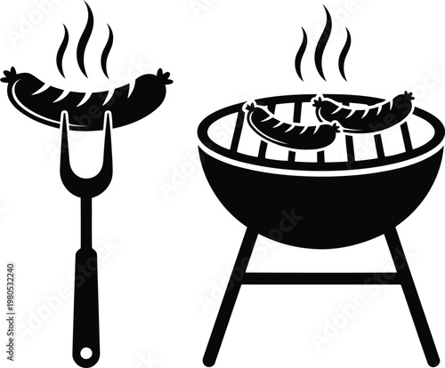 Sausages cooking on barbecue grill and fork vector illustration.