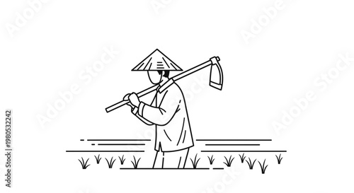 Traditional Asian Rice Farmer with Conical Hat and Hoe Tool Illustration Vector Design Element