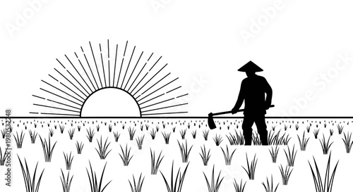 Silhouette of Asian Farmer Working in Rice Paddy Field at Sunrise Vector Illustration