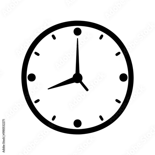 Simple black and white clock illustration displaying the time eight o'clock