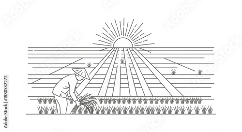 Traditional Asian Rice Farmer Harvesting Crop in Field at Sunrise Vector Illustration