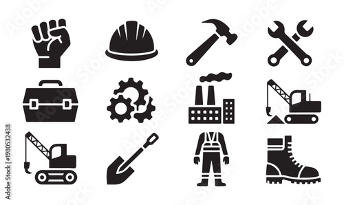 Construction industry symbol collection with mechanical gears crane excavator and maintenance tools icons.