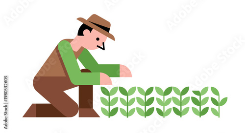 Man Planting Green Sprouts Outdoors.