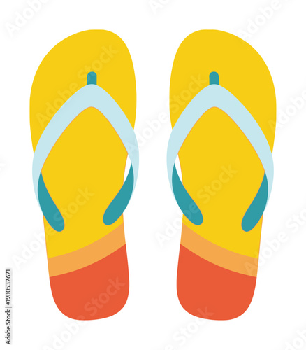 Pair of yellow and blue vector flip flops with light blue straps and orange soles pictured
