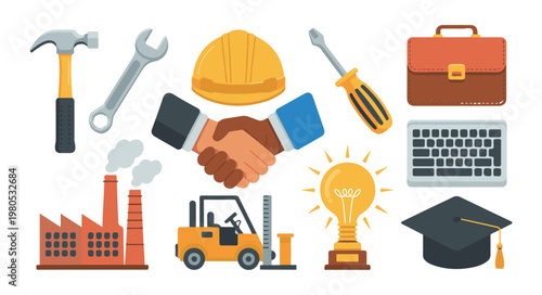 Business and industry concept objects like handshake factory lightbulb and graduation cap.