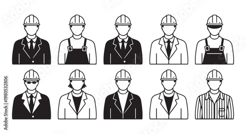 Collection of diverse professional construction worker avatars in hard hats and work clothes.