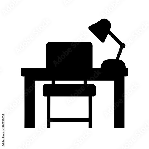 Black silhouette illustration of a desk, chair, lamp, and computer arrangement