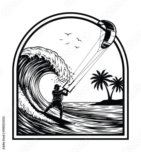 Vector showing a person kitesurfing over a large wave near a tropical island with palm trees