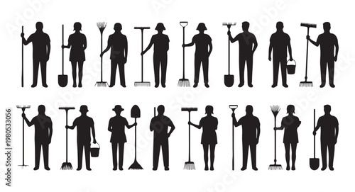Agricultural workers silhouettes holding various gardening tools like rakes and shovels for farm activities.