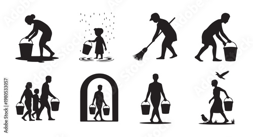 Rural life silhouettes showing diverse people carrying water buckets and cleaning with brooms on white back.