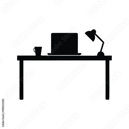 Black silhouette of a desk with laptop, lamp and a cup