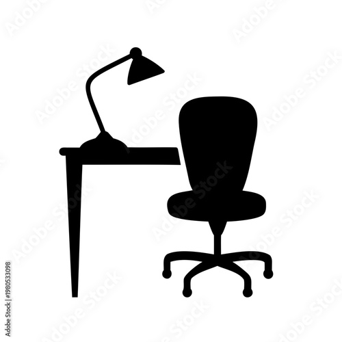 Silhouette of office desk with lamp and chair for study or work