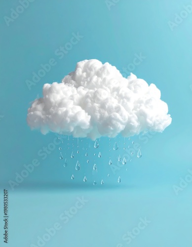 Fluffy white cloud with water droplets falling downwards, set against a solid, light blue background. The cloud is positioned above a subtle shadow