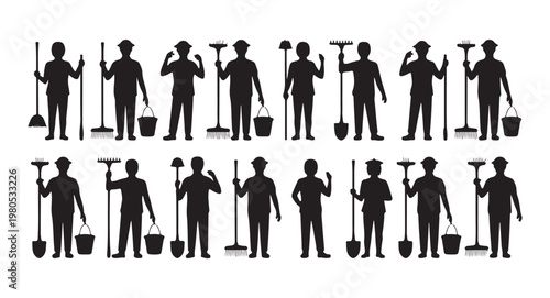Set of clean vector silhouettes of workers with tools in various poses isolated on white background.