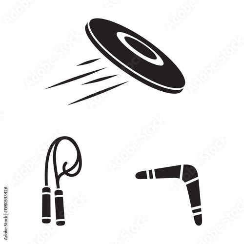 Outdoor play icons with frisbee skipping rope and boomerang