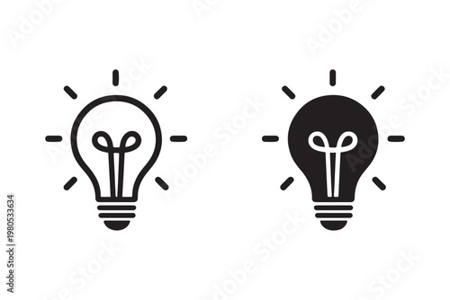 Light bulb with rays shine icon set. Idea symbol. Electric lamp, light, innovation, solution, creative thinking, electricity. Outline, flat, and colored symbol illustration.